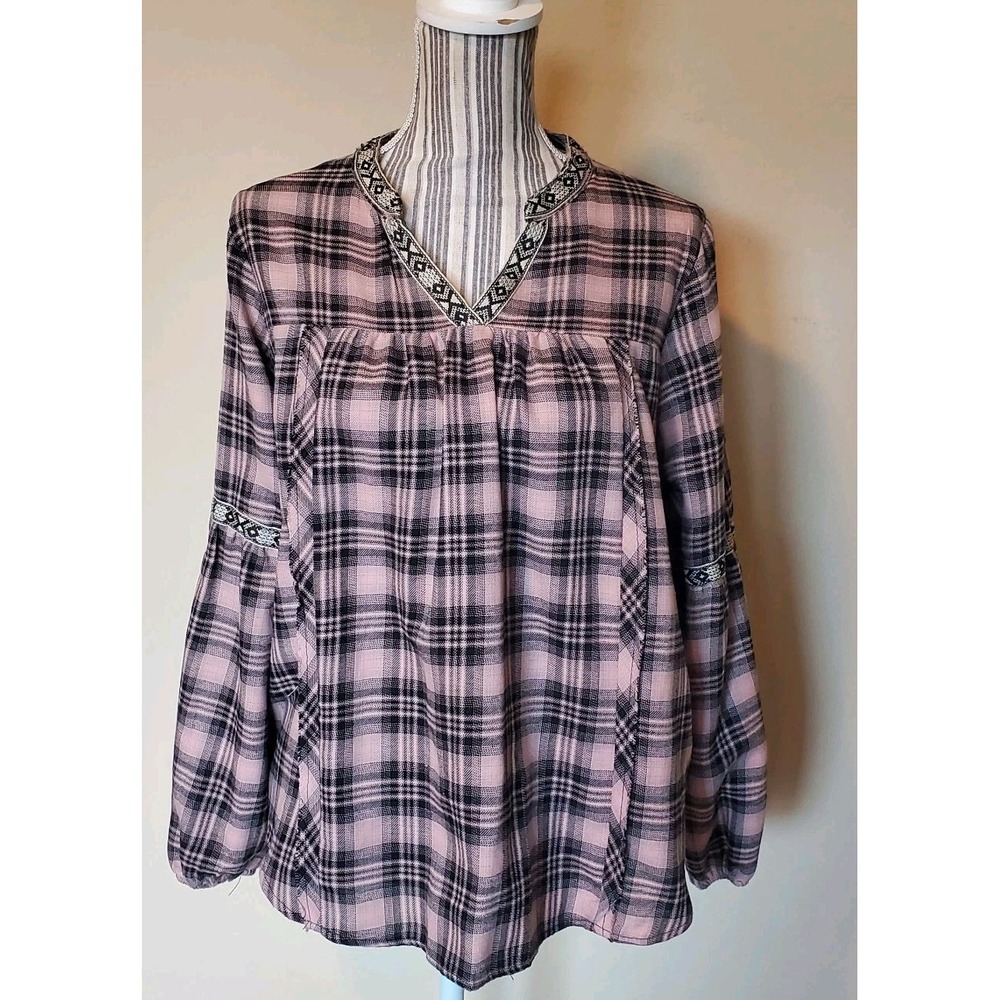 Knox Rose Top Women's Medium Pink Black Plaid Flannel V Neck Puff Sleeve Boho - Picture 2 of 9